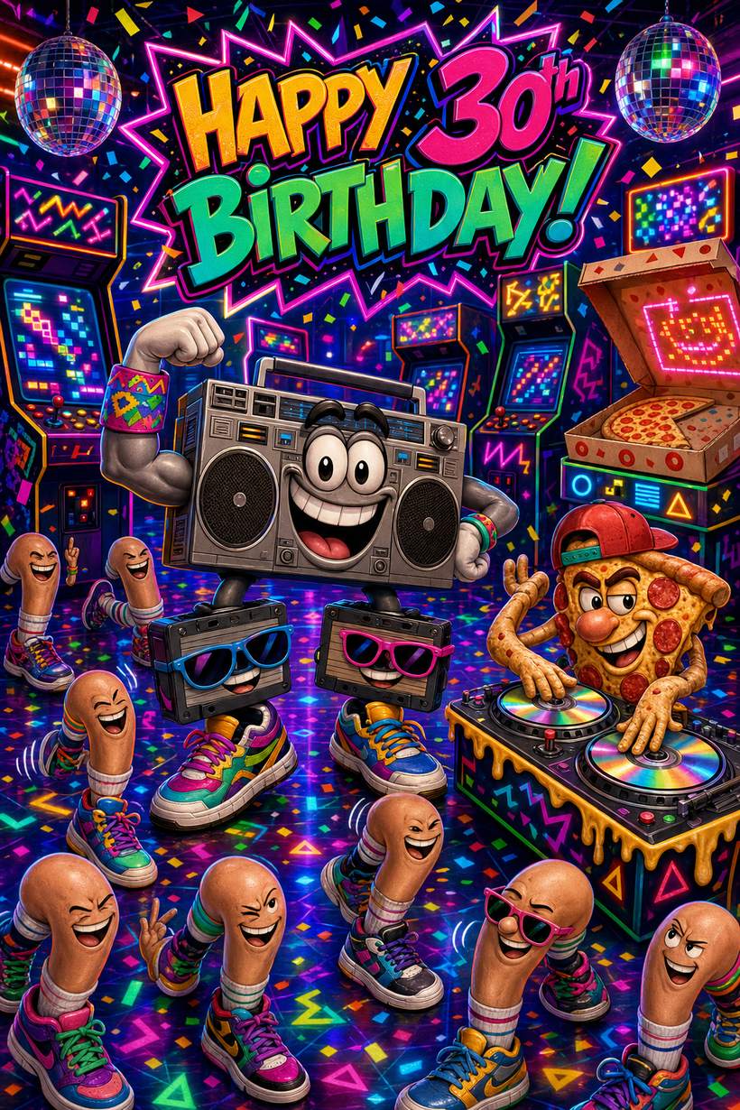 Happy 30th birthday card, a boombox and cassette tapes dancing with a pizza DJ at a neon 90s arcade party