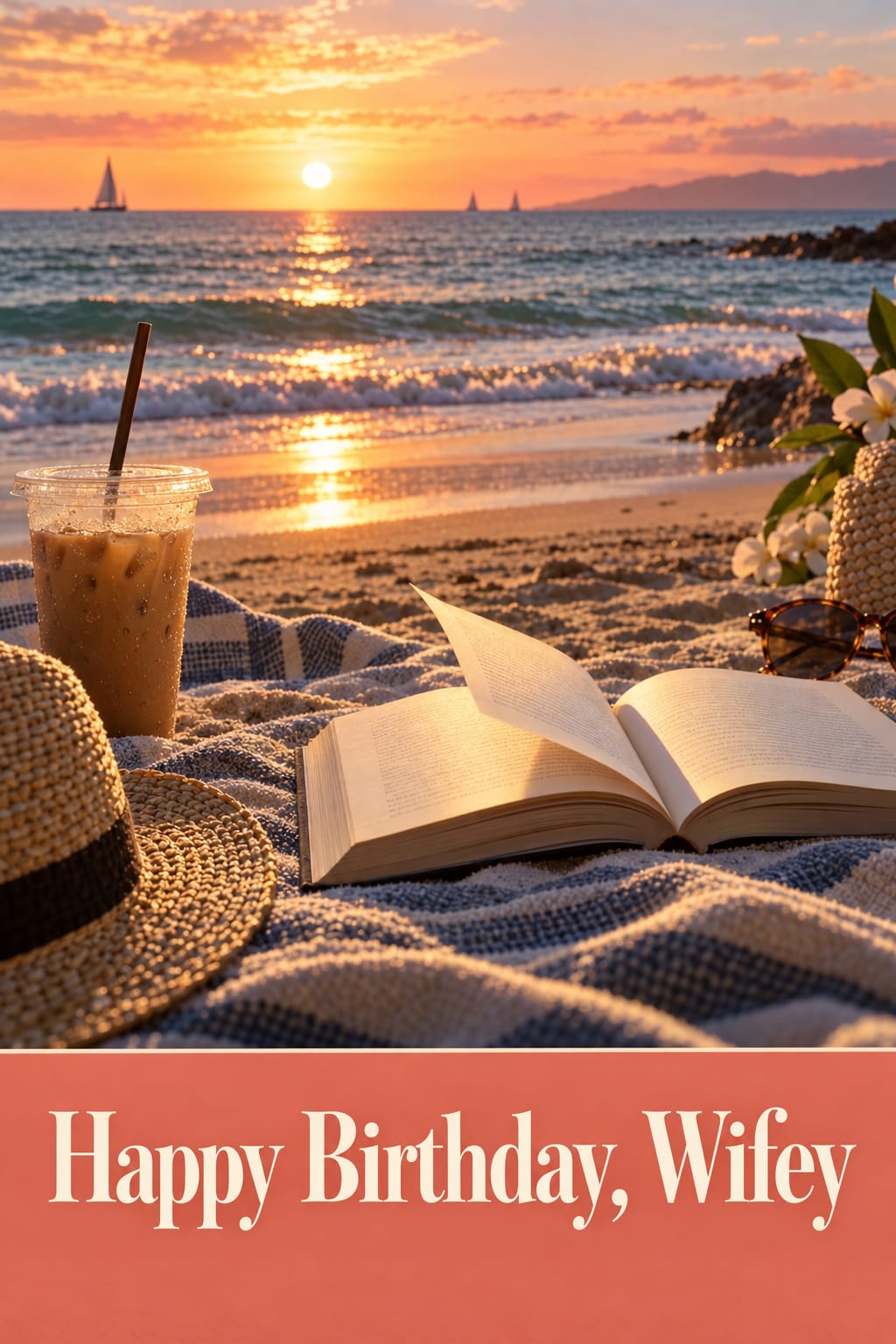 Birthday card of a sun lounger on the sand with a paperback, a straw hat and an iced coffee, reading Happy Birthday, Wifey