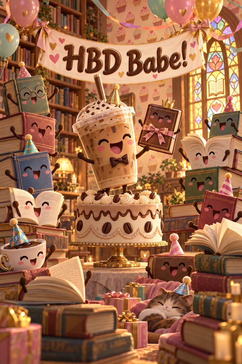 Funny birthday card of a smiling iced coffee and a crowd of personified books in party hats around a cake, reading HBD Babe!
