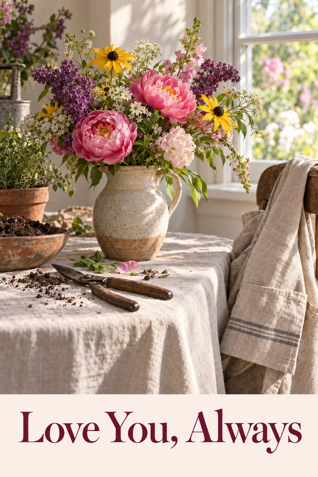 Birthday card of a jug of peonies and wildflowers on a linen table by a window with garden tools, reading Love You, Always