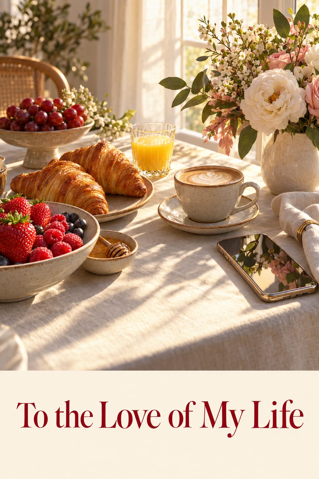 Birthday card of a brunch table in golden light with croissants, berries and peonies, reading To the Love of My Life