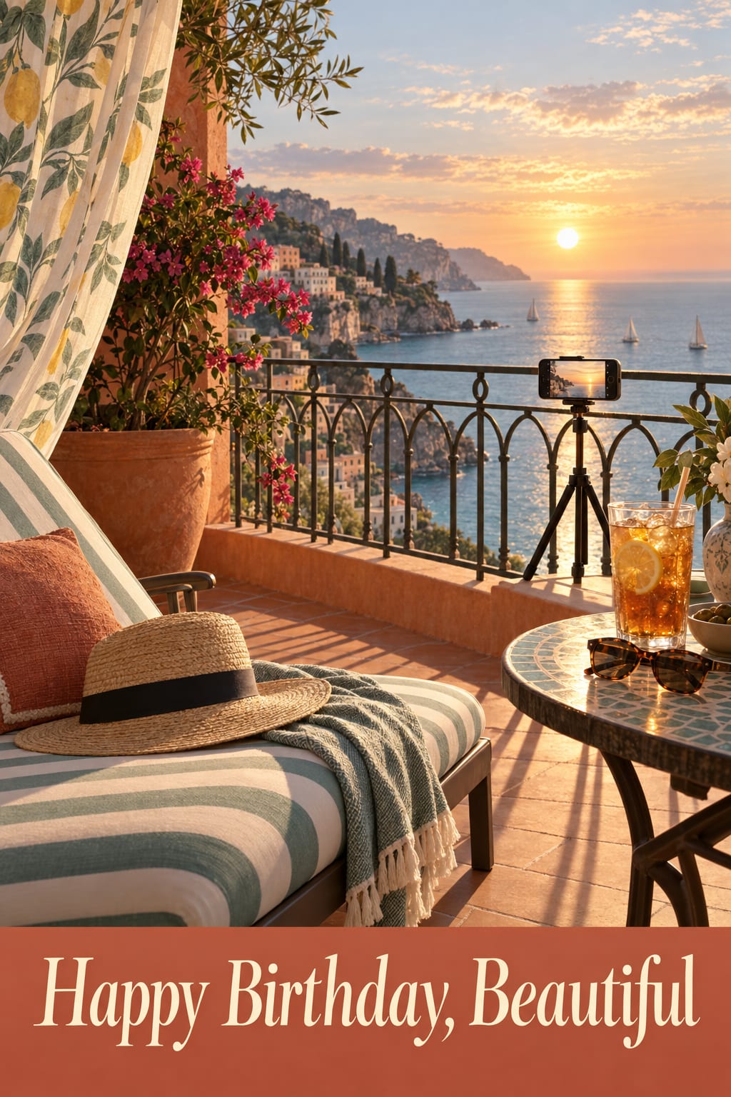 Birthday card of a lounger on a balcony over the sea at golden hour with an iced tea, reading Happy Birthday, Beautiful