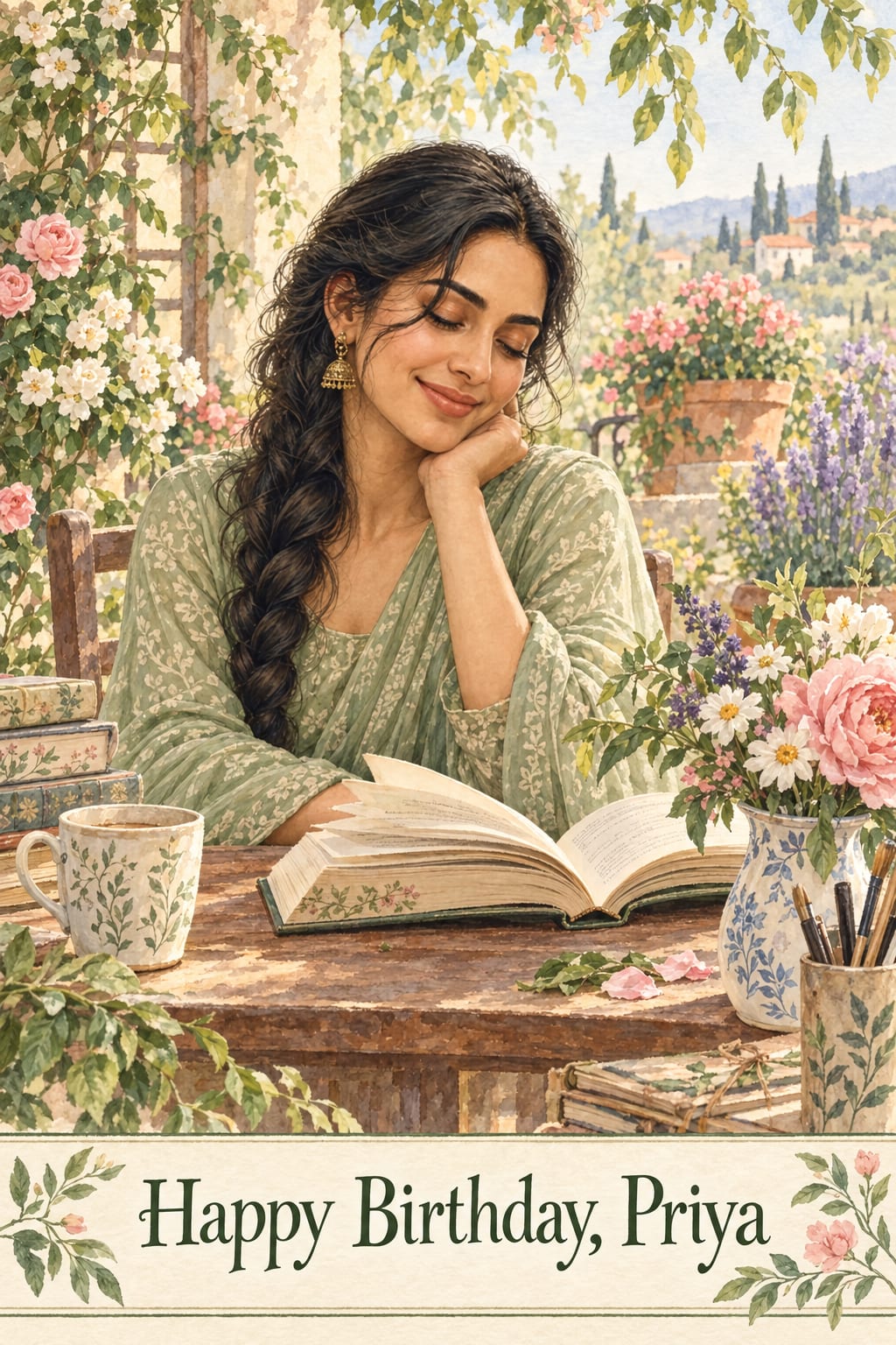 Birthday card of a woman with a long braid reading at a garden table among roses, watercolor, reading Happy Birthday, Priya