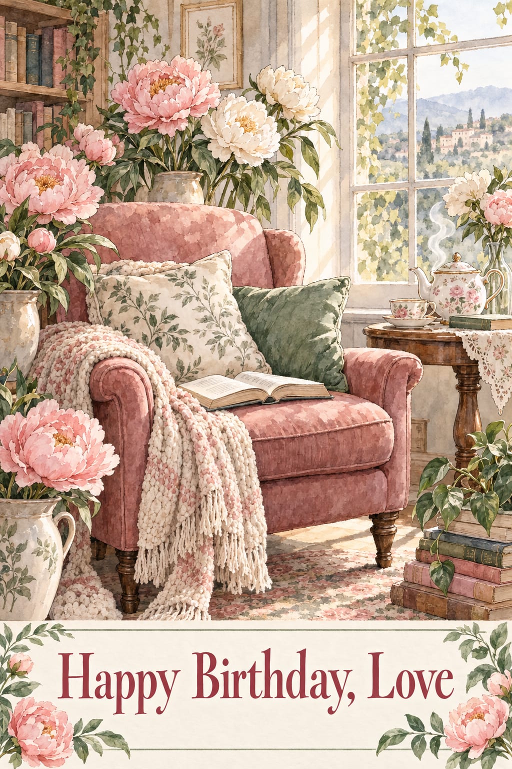 Birthday card of a pink armchair by a window with peonies, a book and tea, in watercolor, reading Happy Birthday, Love