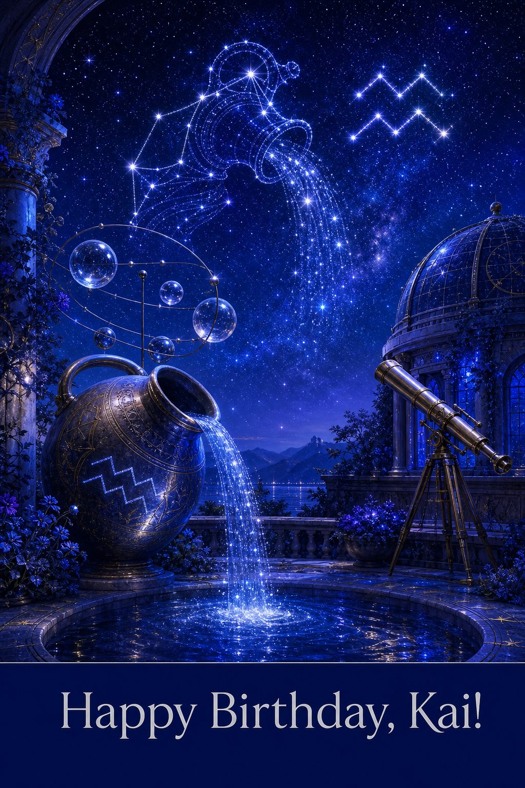 Aquarius zodiac birthday card, an amphora pouring starry water in an observatory garden under the Aquarius constellation, under Happy Birthday, Kai!