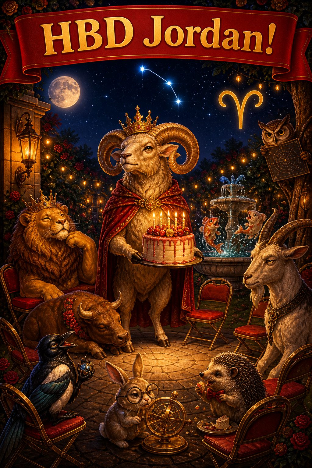 Funny Aries zodiac birthday card, a ram and spring lambs in party hats on a hillside at dawn under the Aries constellation, under HBD Jordan!