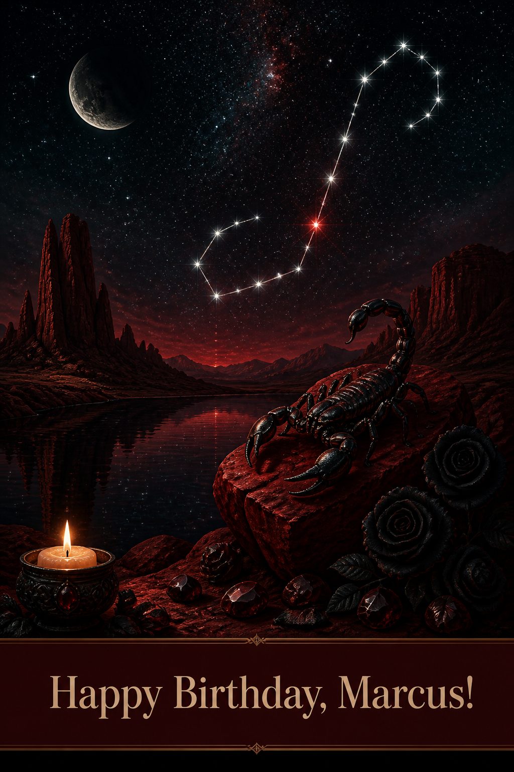 Scorpio zodiac birthday card, a scorpion on dark red rock beside a starlit pool with the Scorpius constellation and red Antares above, under Happy Birthday, Marcus!
