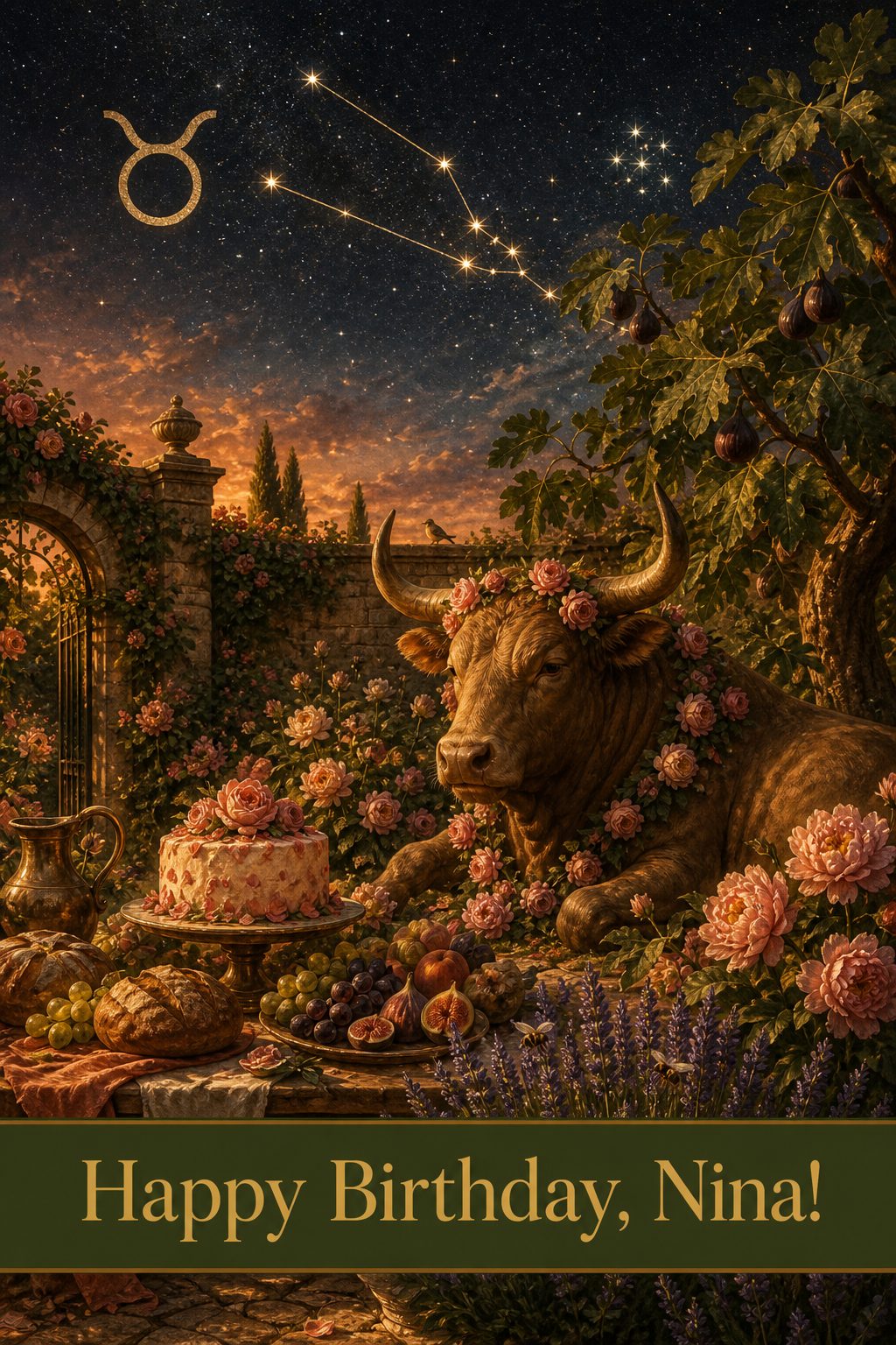 Taurus zodiac birthday card, a bull garlanded with roses in a golden-hour garden under the Taurus constellation, under Happy Birthday, Nina!