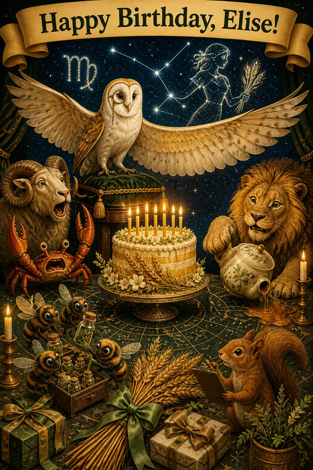 Funny Virgo zodiac birthday card, a barn owl and honeybees at a tidy harvest birthday party under the Virgo constellation, under Happy Birthday, Elise!